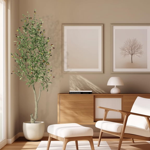 6FT Artificial Olive Tree with White Planter, Realistic Leaf Fruit Fake Silk Plant, Decorative Greenery for Living Room Bedroom Stair Foyer Home Office, Single Piece