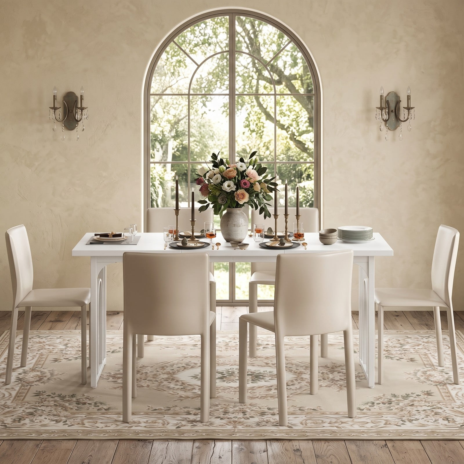 Furnibear 63 Inch Rectangular Dining Table for 6-8 People, Farmhouse Kitchen Table with Powder-Coated Metal Legs, Arch Base & Scratch-Resistant Veneered Top for, White