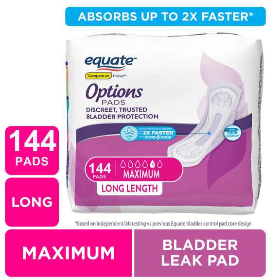 Equate Options Incontinence Pads for Women, Maximum, Long, 144 Count