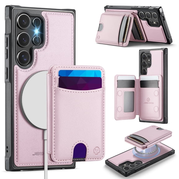 for Samsung Galaxy S26 Ultra Back Case Detachable Magnetic Card Slots, Classic Kickstand RFID Blocking Shockproof Protective PU Leather TPU 2 In 1 Wallet Case for Samsung Galaxy S26 Ultra, Pink