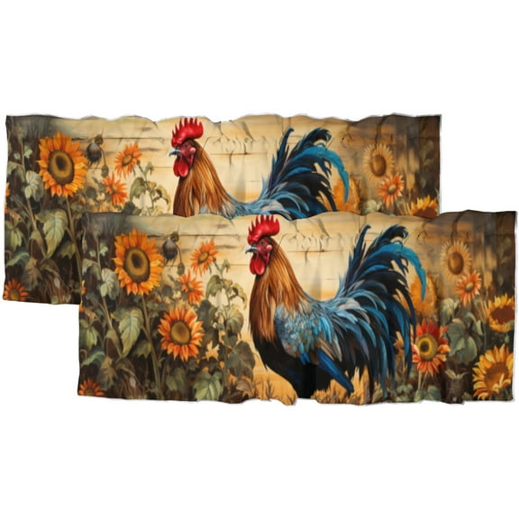Rooster Curtain Valances Rustic Farmhouse Wooden Barn Door Sunflowers Thermal Insulated Room Darkening Curtain for Dinning Room 54 by 18 in, 2 Panel