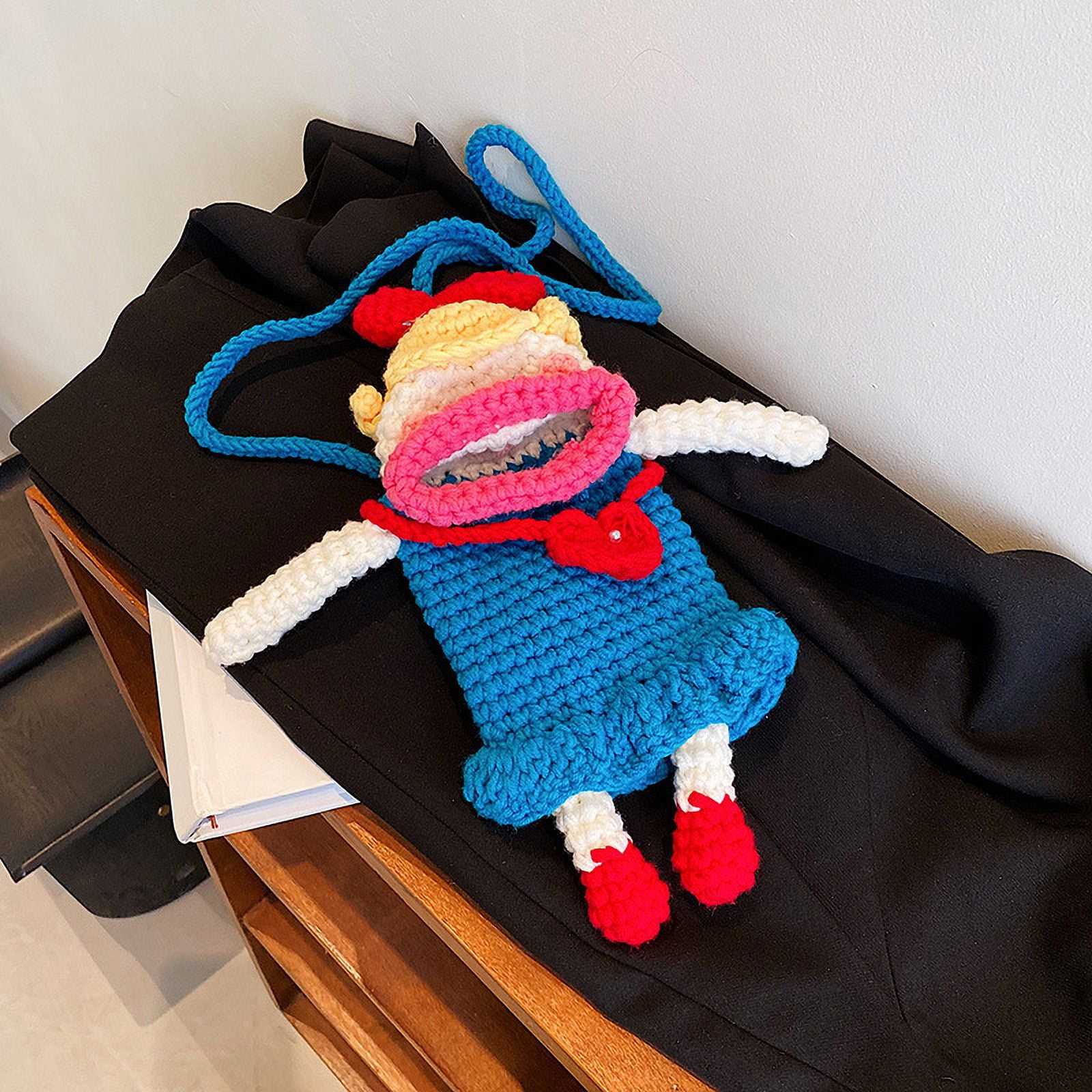 Baguery Handmade Crochet Phone Bag - Sausage Mouth Design, Ugly Cute Knitted Crossbody Purse for Cell Phone/Keys/Lipstick
