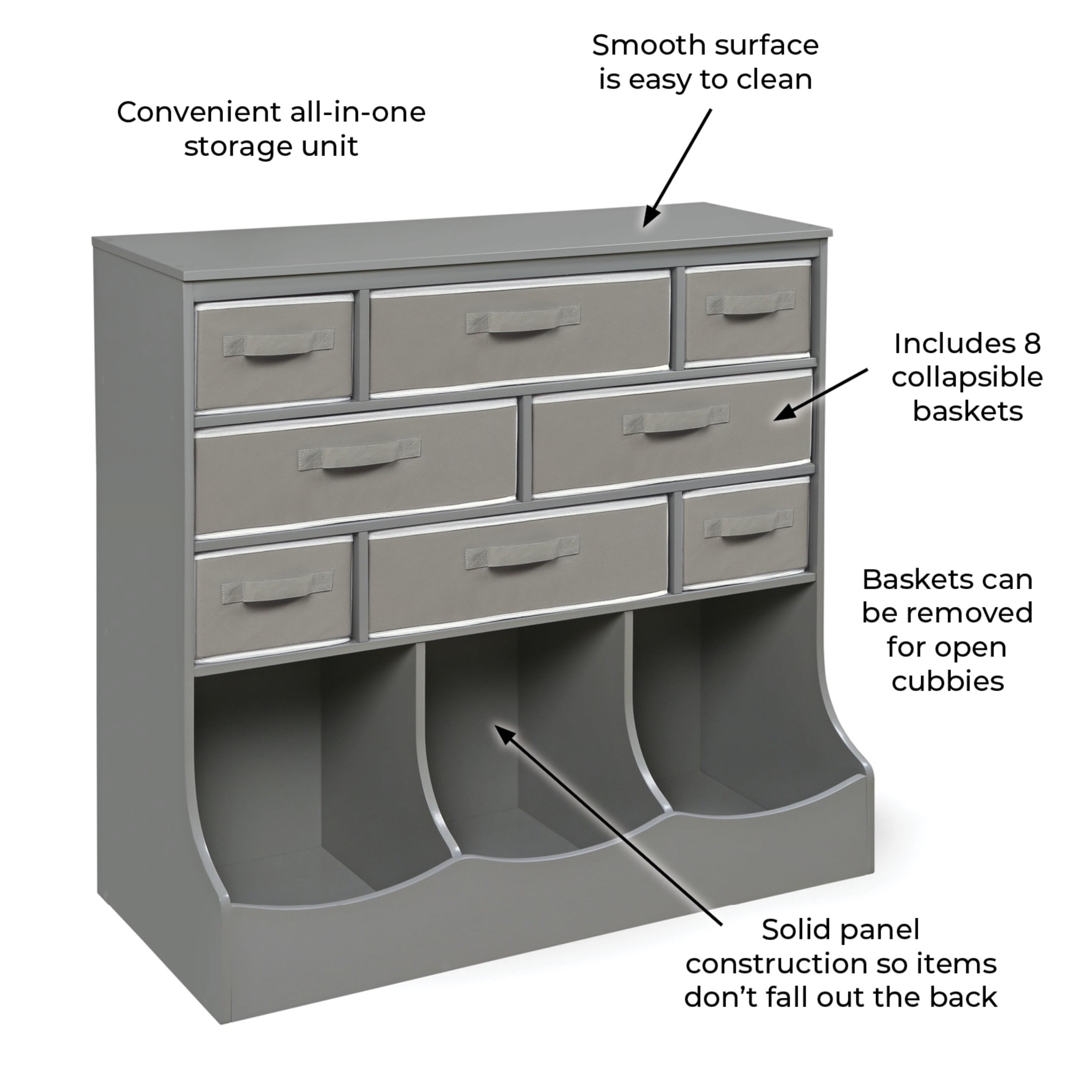 Badger Basket Children's Wooden Storage Station with Eight Baskets 51 gal Toy Storage Cube, Gray