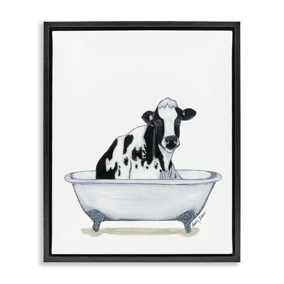 Stupell Industries Cow in Tub Sketch Bath & Laundry Painting Black Floater Framed Canvas Art Print Wall Art, 17 x 21