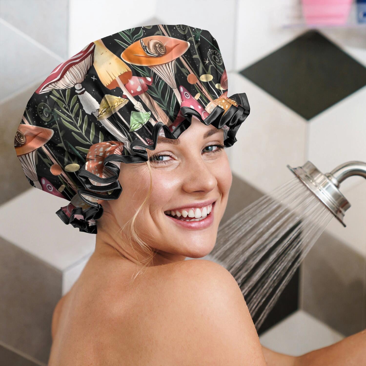 Shower Caps,Red Mushroom Butterfly Black Pattern Waterproof Shower Cap for Women 4 Pieces,Double Reusable Hair Cover for Shower PEVA Elastic Stretch Hem