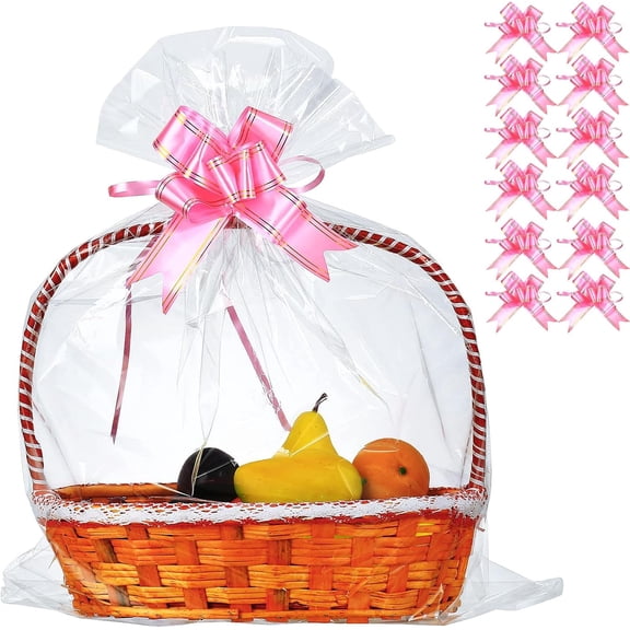 50 Packs 32 x 40 Inches Cellophane Bags for Basket Extra-large Jumbo Clear Cellophane Wraps Clear Huge Cello Bags for Baskets, Gifts, Christmas Trees, Treats, Arts and Crafts, 50ct Ribbon Bows