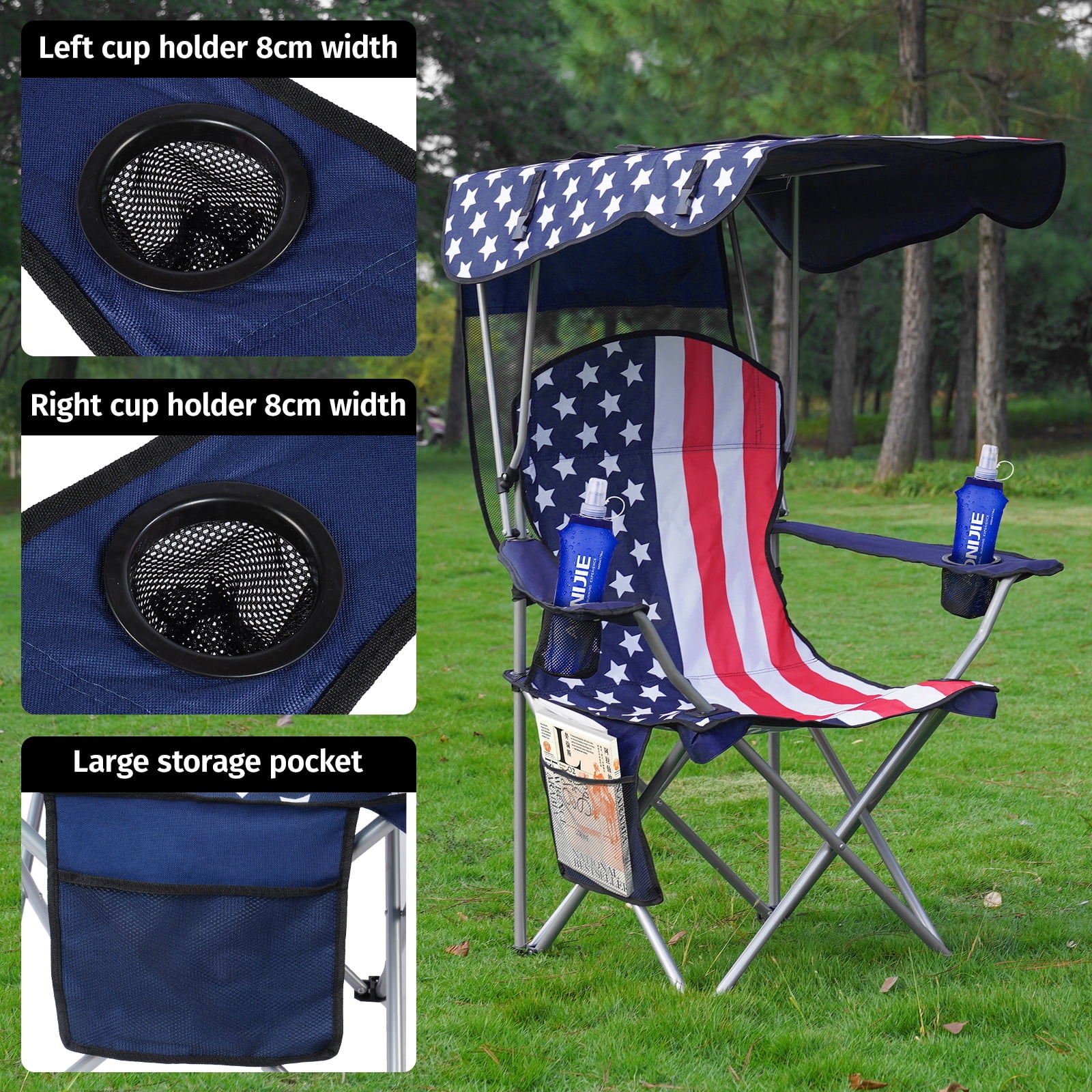 VTOY Folding Camping Chair with Canopy Portable Beach Chair with Shade for Outside Foldable Canopy Camping Chairs for Adults(Flag)