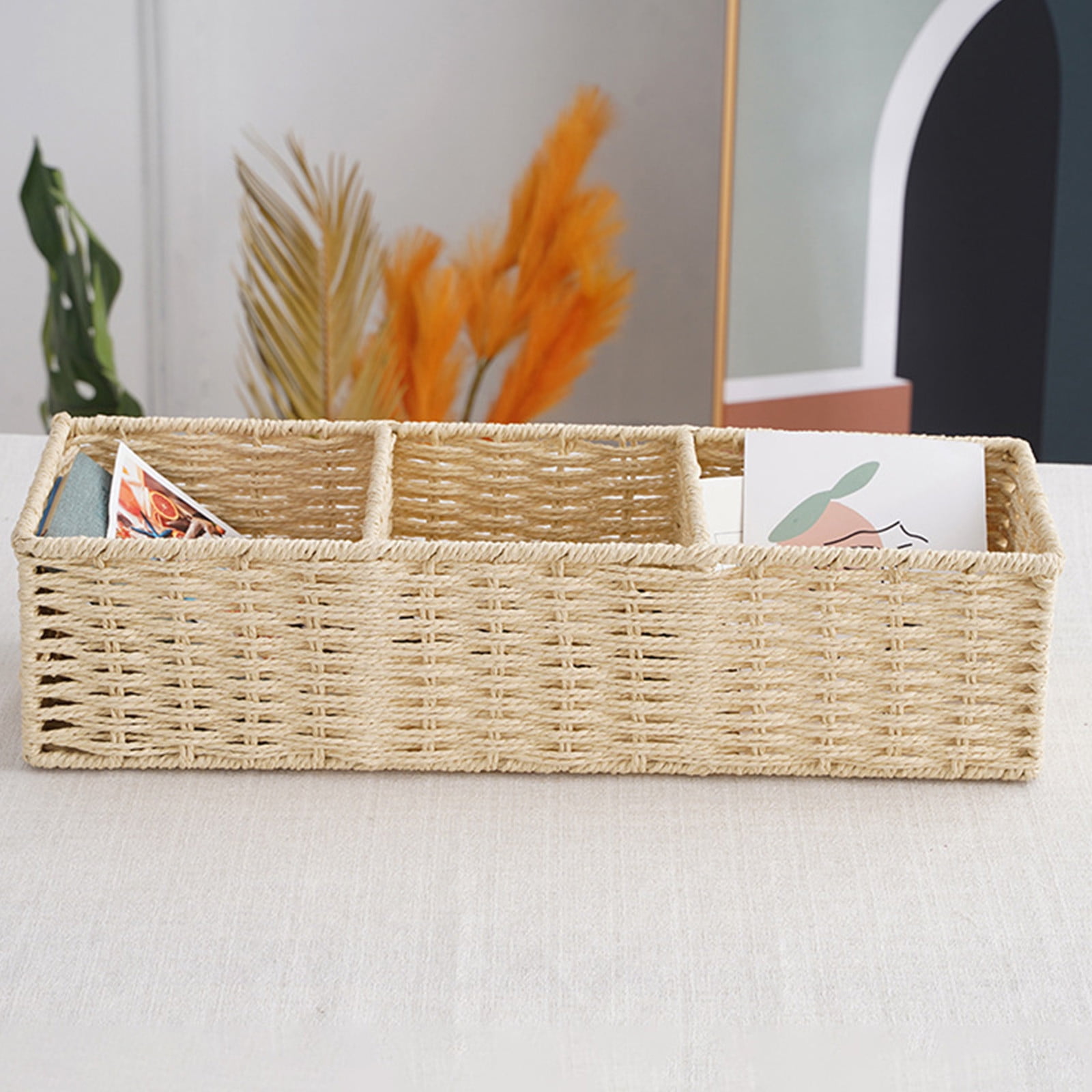Kuroiy Modern Multi-Compartment Cosmetics Storage Box Organizer | Rattan Paper Rope | Large Capacity Desktop Basket | Coffee Beige Modern Design | Dorm Desk Accessories