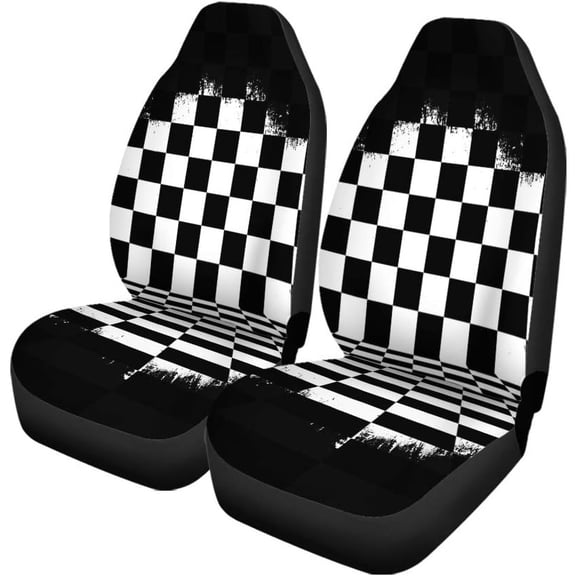 Set of 2 Car Seat Covers Retro Black White Checkered Torn Checkerboard Race Abstract Universal Auto Front Seats Protector