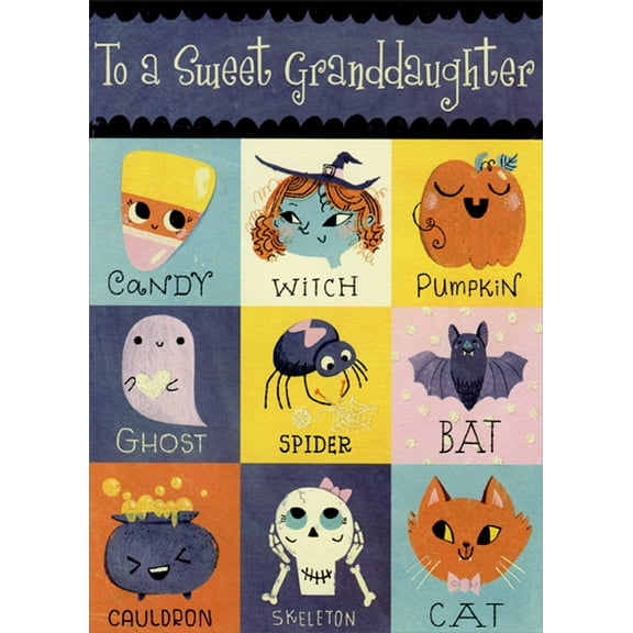 Designer Greetings 9 Panels : Candy, Witch, Pumpkin, Ghost, Spider Juvenile Halloween Card for Granddaughter