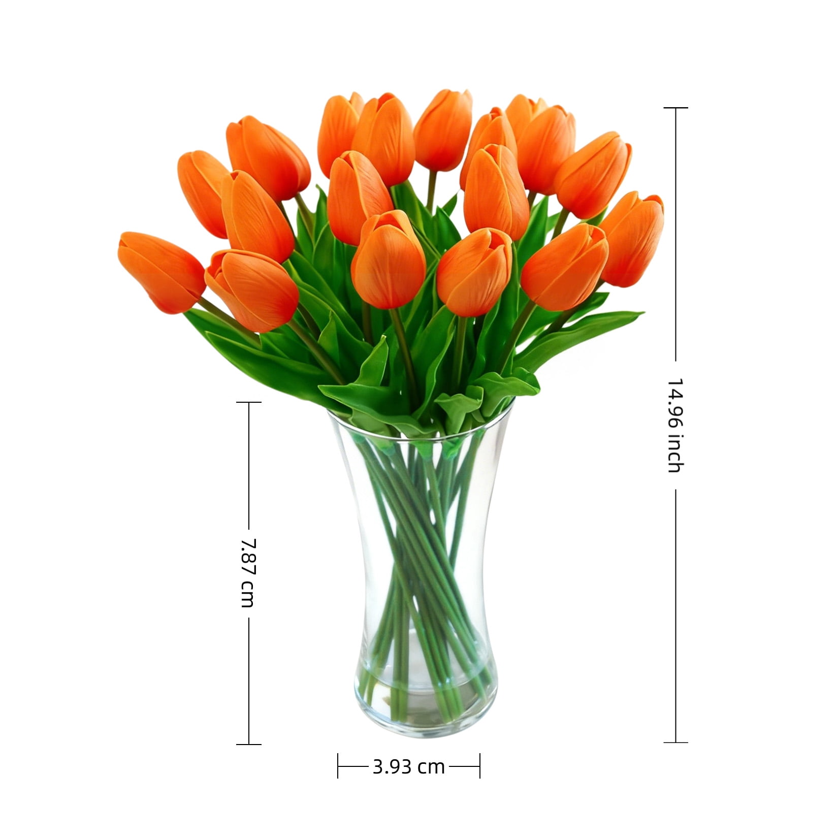 20 Pcs Artificial Real Touch Tulips Flowers in Glass Vase, Orange Tulip Arrangement with Faux Water for Dining Table Home Decor Wedding Centerpieces