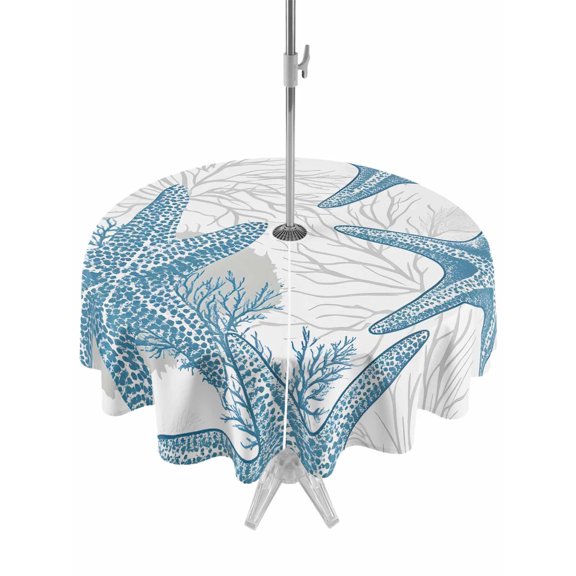 Outdoor Table Cloth with Umbrella Hole and Zipper, Coastal Starfish Waterproof Round Tablecloth 54 Inch, 0cean Nautical Coral Seagrass Nature Washable Table Cover for Outside Party Patio Picnic