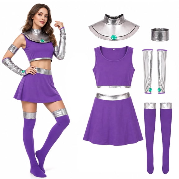 6Pcs Halloween Women Purple Princess Cosplay Costume with Top Silver Collar Arm Sleeves Stockings Cuff Accessories