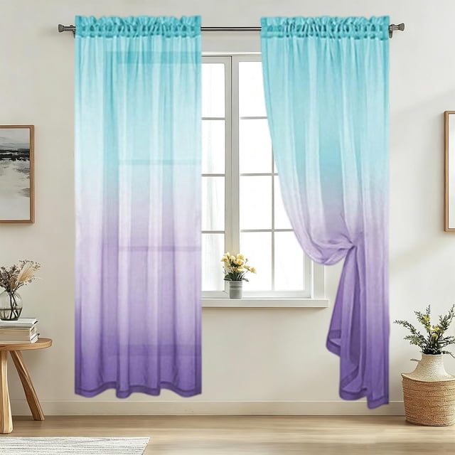 Two-Tone Gradient Sheer Curtains With Rod-Through Designs Stylish Concise Curtains Breathable Sheer Curtains For Bedrooms And Living Rooms