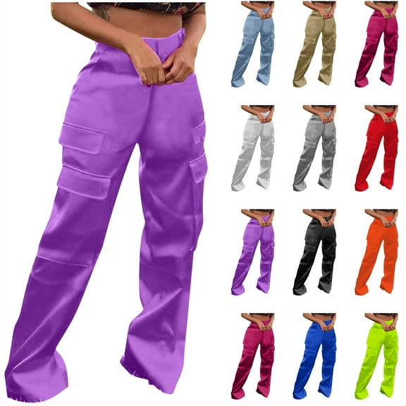 QATAINLAV Satin Cargo Pants for Women Button High Waist Wide Leg Pants Casual Loose Fit Straight Pants Solid Multiple Pockets Work Trousers Gray M