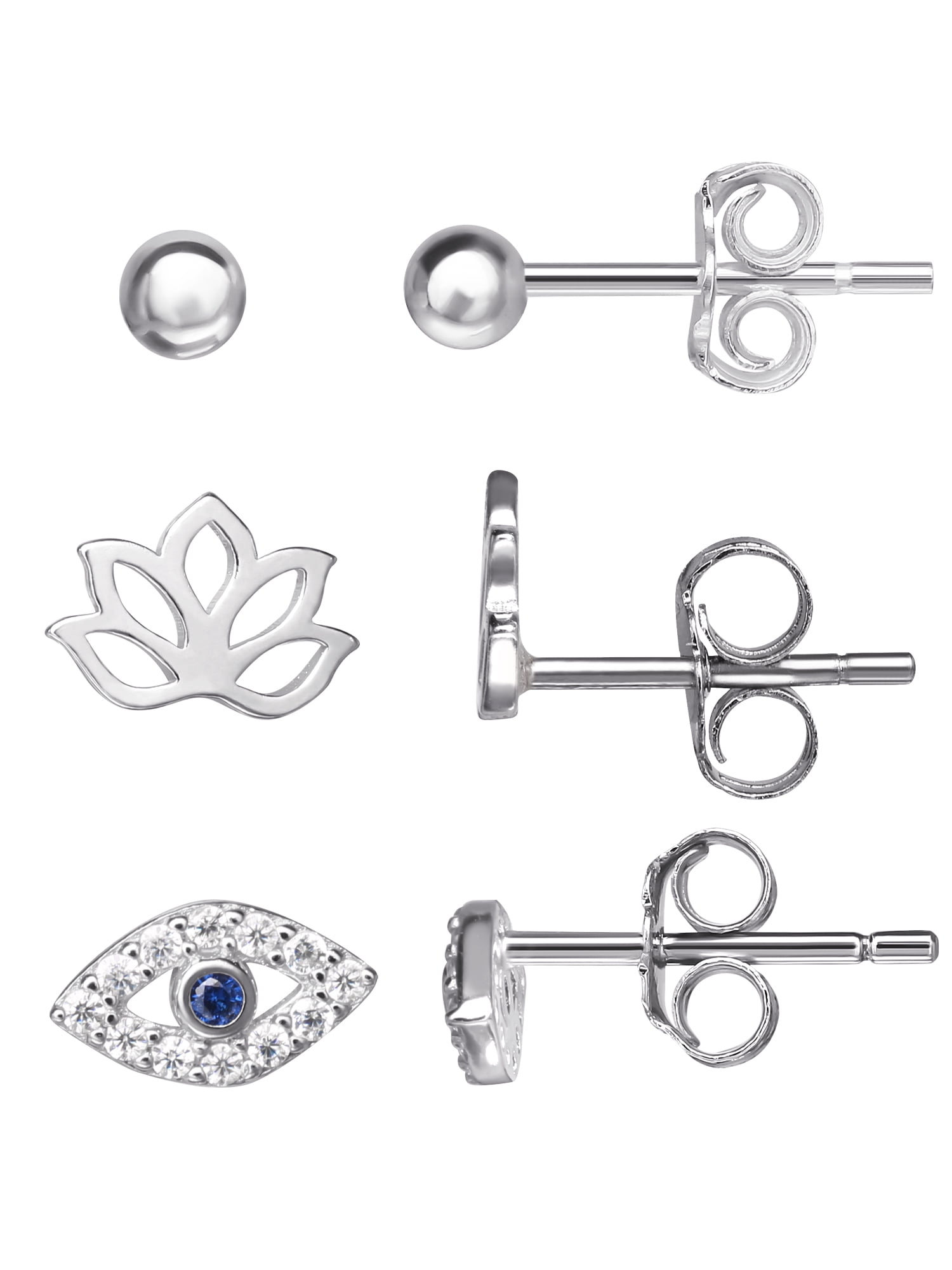 Sterling Silver Earrings Set: Ball Stud, CZ Evil Eye, Lotus Flower - For Adults