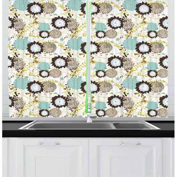 Ambesonne Vintage Kitchen Curtains, Abstract Ornate Flower, 55"x39", Seafoam Brown Green
