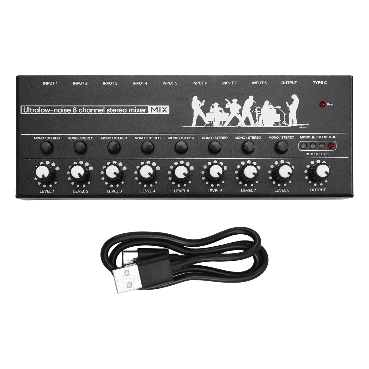 Professional 8-Channel Stereo Mixer Portable Sound Audio Mixer with Low-Noise Functionality for Recording Instruments,1 * Mixer 1 * Type-C Cable,Black