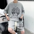 thumbnail image 3 of Conjunto de 2 piezas de chándal sencillo con diseño de gofre para hombre y mujer, camiseta y pantalones cortos de diseño urbano holgados de verano, ropa deportiva informal con diseño de parche, 3 of 5
