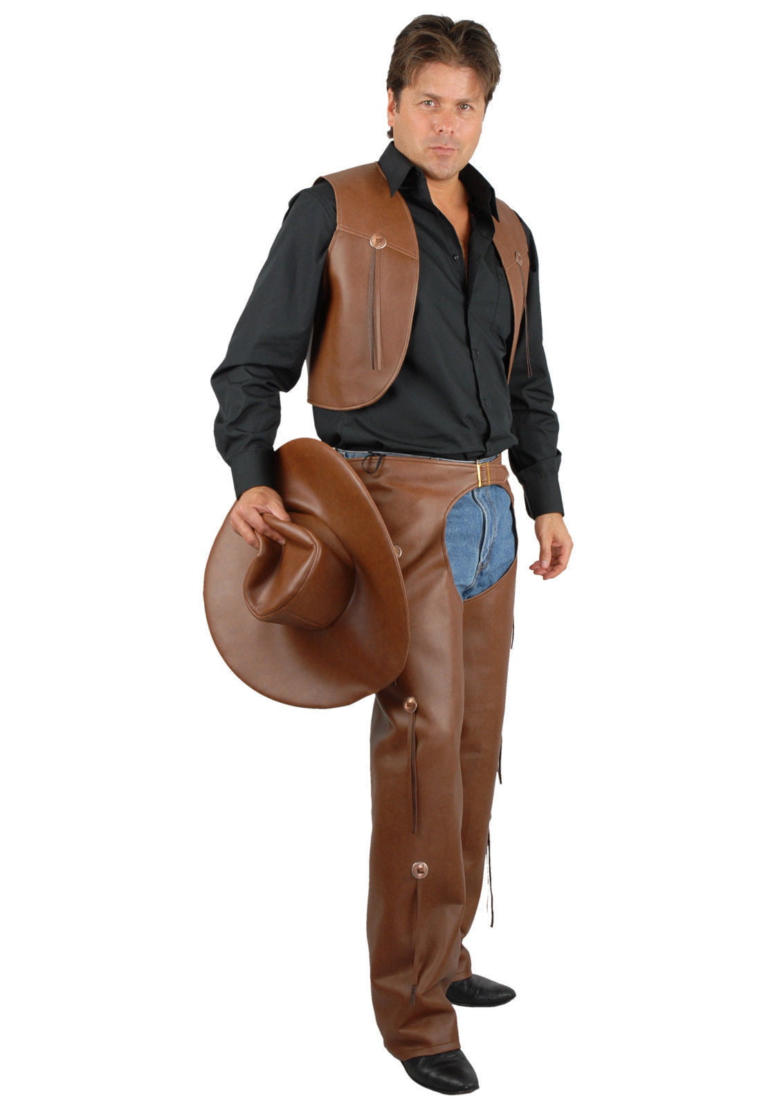 Western Faux Leather Chaps & Vest Cowboy Costume Outfit Adult Men Brown ...