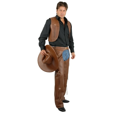 Western Faux Leather Chaps & Vest Cowboy Costume Outfit Adult Men Brown ...