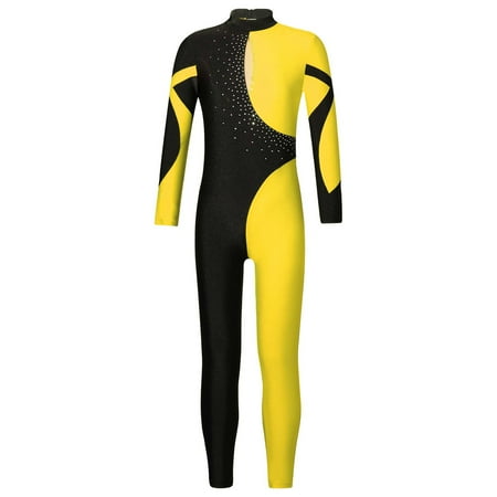 Alvivi Girls  Long Sleeve Unitard Full Length Jumpsuit One Piece Bodysuits Gymnastics Ballet Dance Leotard Yellow 12