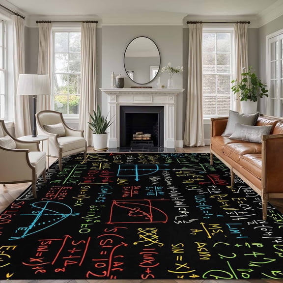 Area Rug for Living Room, Math Formula Geometric Non-Slip Indoor Large Carpet for Bedroom/Dining Room, Modern Art Black Yellow Washable Low-Profile Rectangle Floor Runner Rugs - 5 x 7 Ft