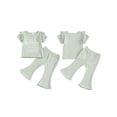 thumbnail image 3 of Aojekbee Little Girls Ribbed Set, Letter Print Round Neck Short Sleeve Tops Elastic Waist Flare Pants Toddler Summer Outfits, 3 of 10