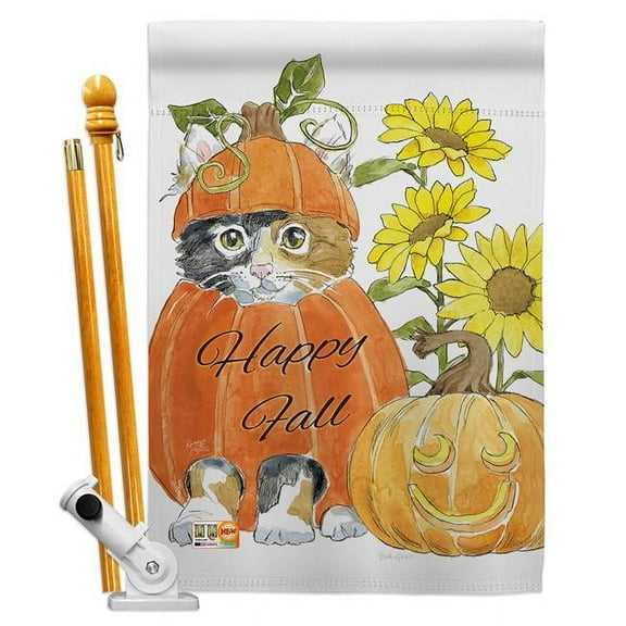 Breeze Decor BD-HA-HS-113076-IP-BO-D-US18-WA 28 x 40 in. Happy Pumpkin Kitty Fall Harvest & Autumn Impressions Decorative Vertical Double Sided House Flag Set with Pole Bracket Hardware