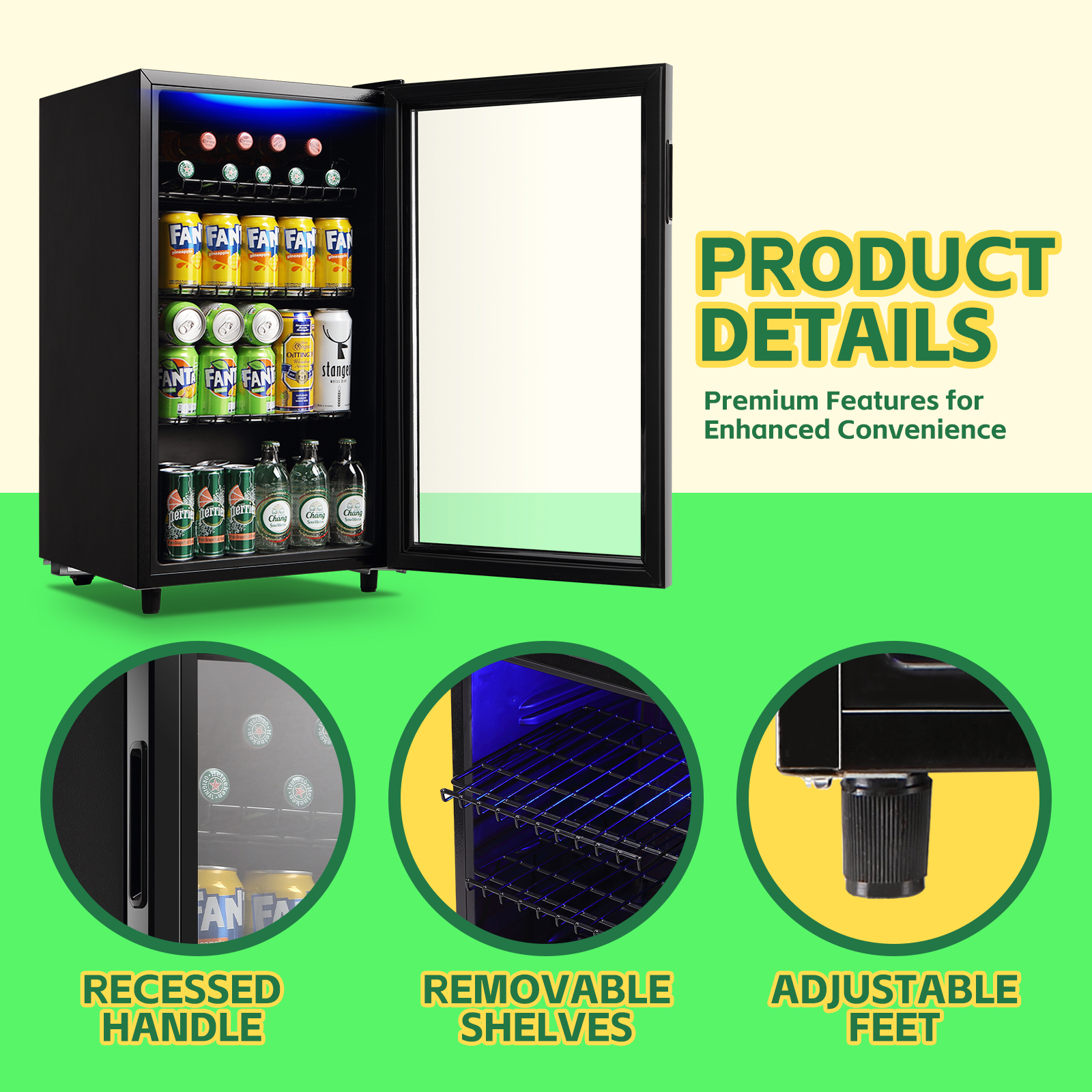 WANAI Beverage Refrigerator Cooler 3.5 Cu.ft Beer Fridge with Glass Door LED Light Adjustable Shelf