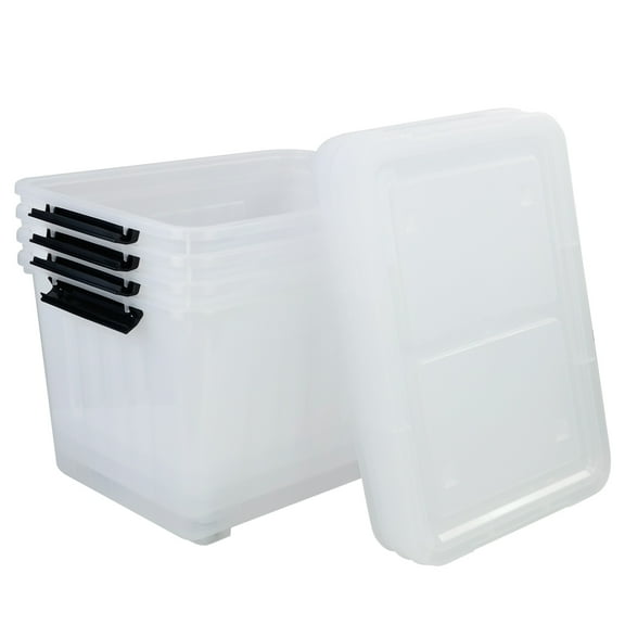 Easymanie 50 Quart Plastic Latching Storage Box with Wheels, Large Clear Lidded Storage Bins, 4-Pack