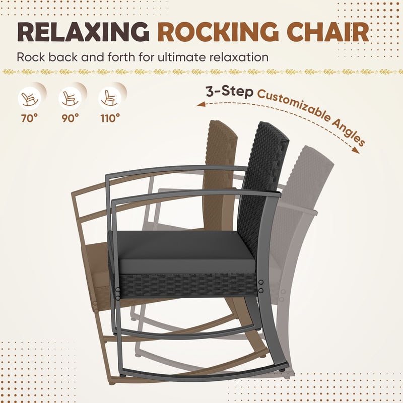 Homall Patio Furniture Set Outdoor Rocker All Weather PP Rocking Chair with Cushion Set of 3, Black