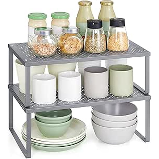 SONGMICS Especiero, Estante para Especias, Organizador para Armarios, Apilable, Ampliable, Juego de 2 Estantes Metálicos, Plata MKCS401G01