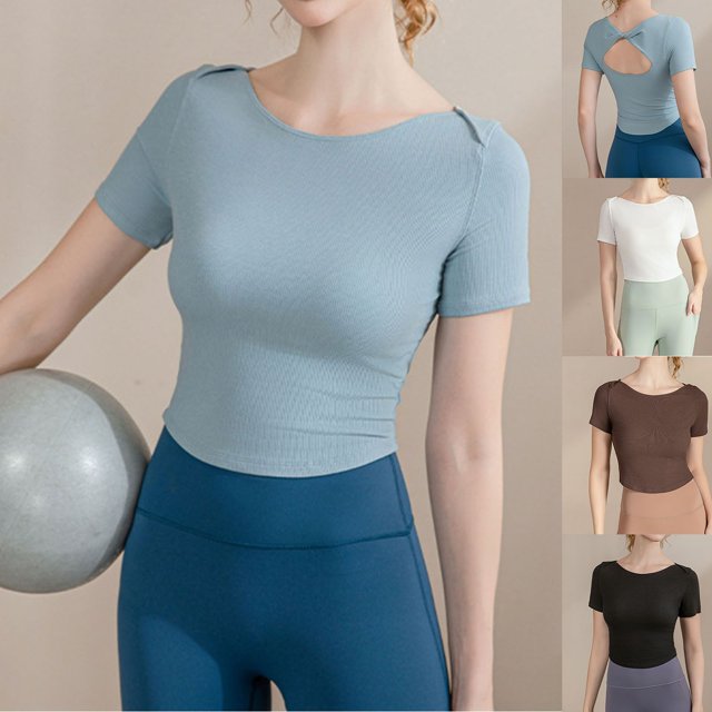 Fiudx Camisetas para Mujer Blusa de Manga Corta Redonda de Yoga Deportiva de Manga Corta de Color Sólido Informal a La Moda para Mujer