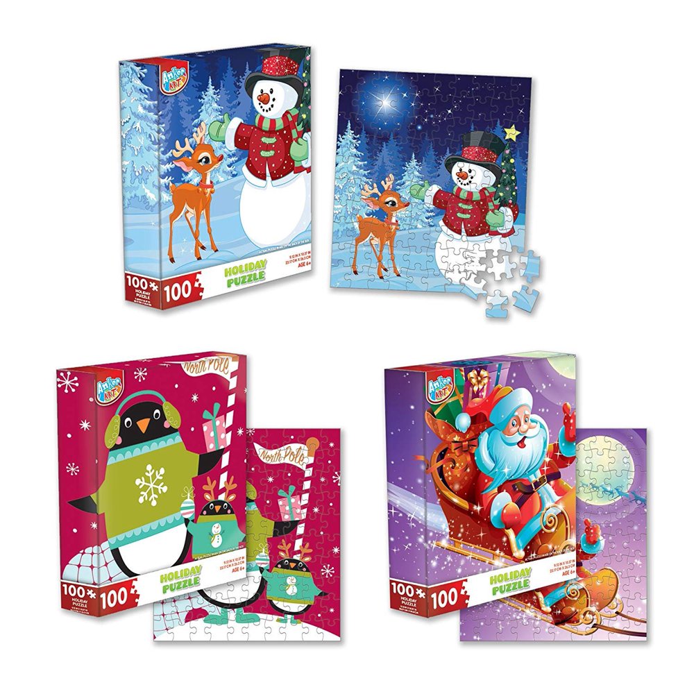 Pack of 3 Holiday Theme 100 Piece Puzzle for Christmas Time. Xmas