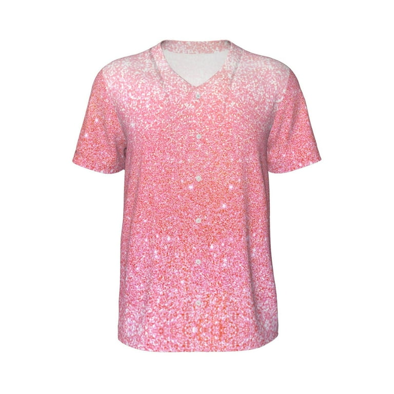 Balery Sparkly Pink Glitter Baseball Jersey for Men Casual