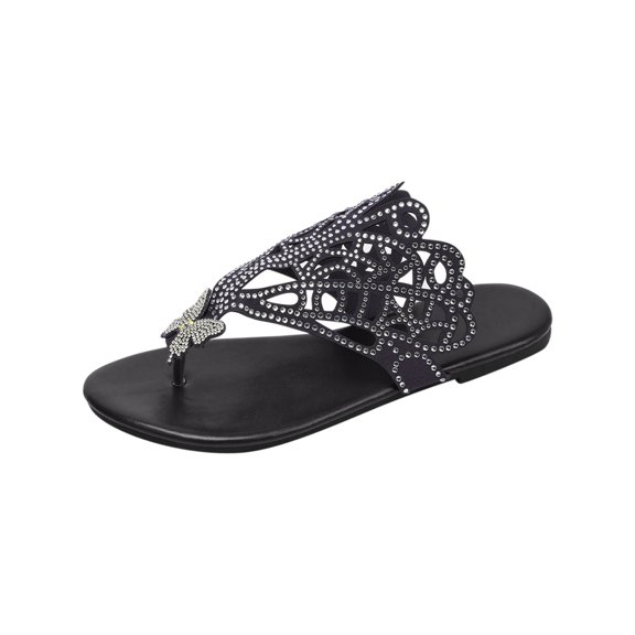 Black Ladies Beach Flip Flops With Rhinestone And Round Toe Design Perfect For Spring Casual Outings And Comfort