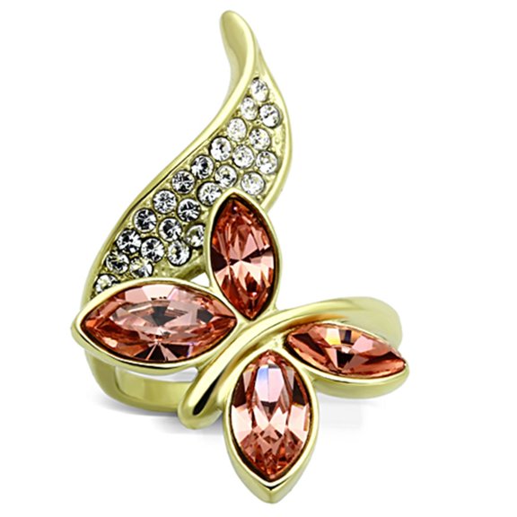 Luxe Jewelry Designs Women's Stainless Steel Butterfly Shaped Ring with Light Peach Crystals - Size