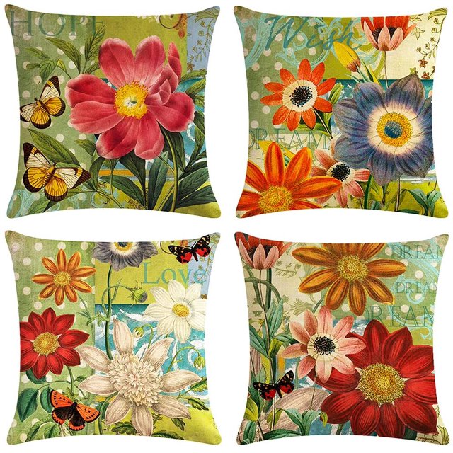 TongXi - Funda de almohada decorativa suave con diseño de flores pintadas a mano, fundas de cojín de 18.0 x 18.0 in, paquete de 4