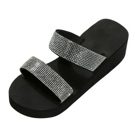 

Cathalem Women Slope Heel Thick Bottom Slippers Fashion With Diamond Butterfly Decoration Wear Beach Slippers Outside The Home Silver 39