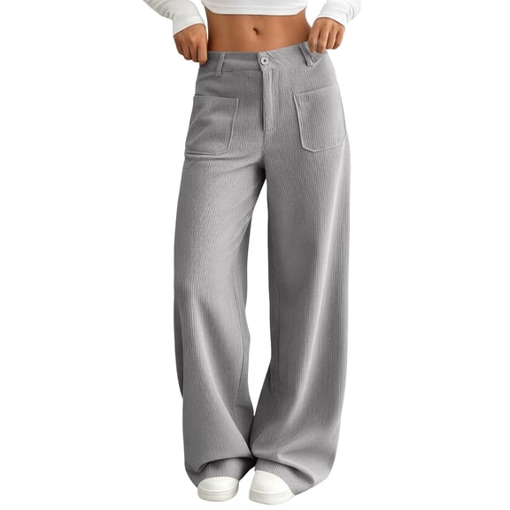 Corduroy Pants Women Straight Leg Dress Pants Solid Color Casual Elastic High Waisted Long Trousers with Pockets Gray S