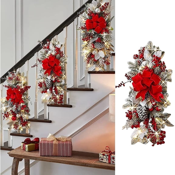 Peo's Cordless Prelit Stairway Swag Trim, Christmas Swag Wreaths for Front Door Holiday Wall Window Hanging Ornaments for Indoor Outdoor Home Xmas Decor (Red)
