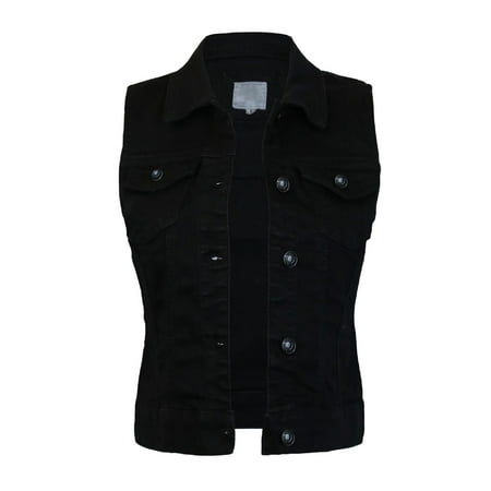 Made by Olivia Women's Sleeveless Button up Jean Denim Jacket Vest Black M