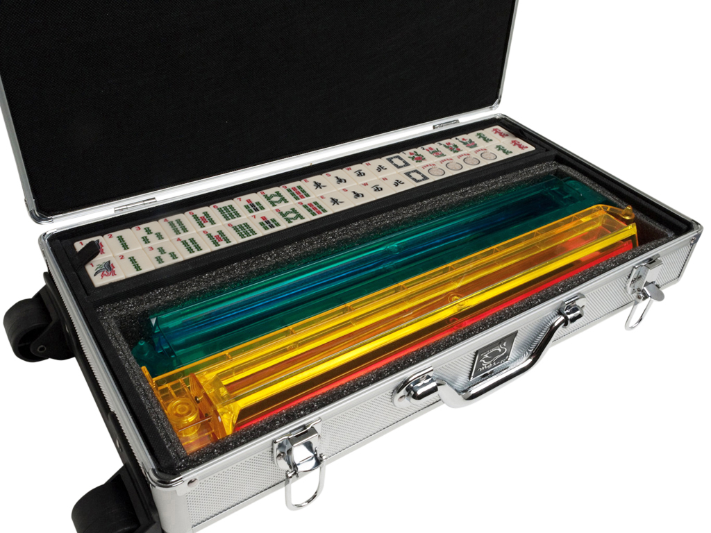 White Swan American Mahjong Set in Wheeled Silver Case - Ivory Tiles - Modern Pushers