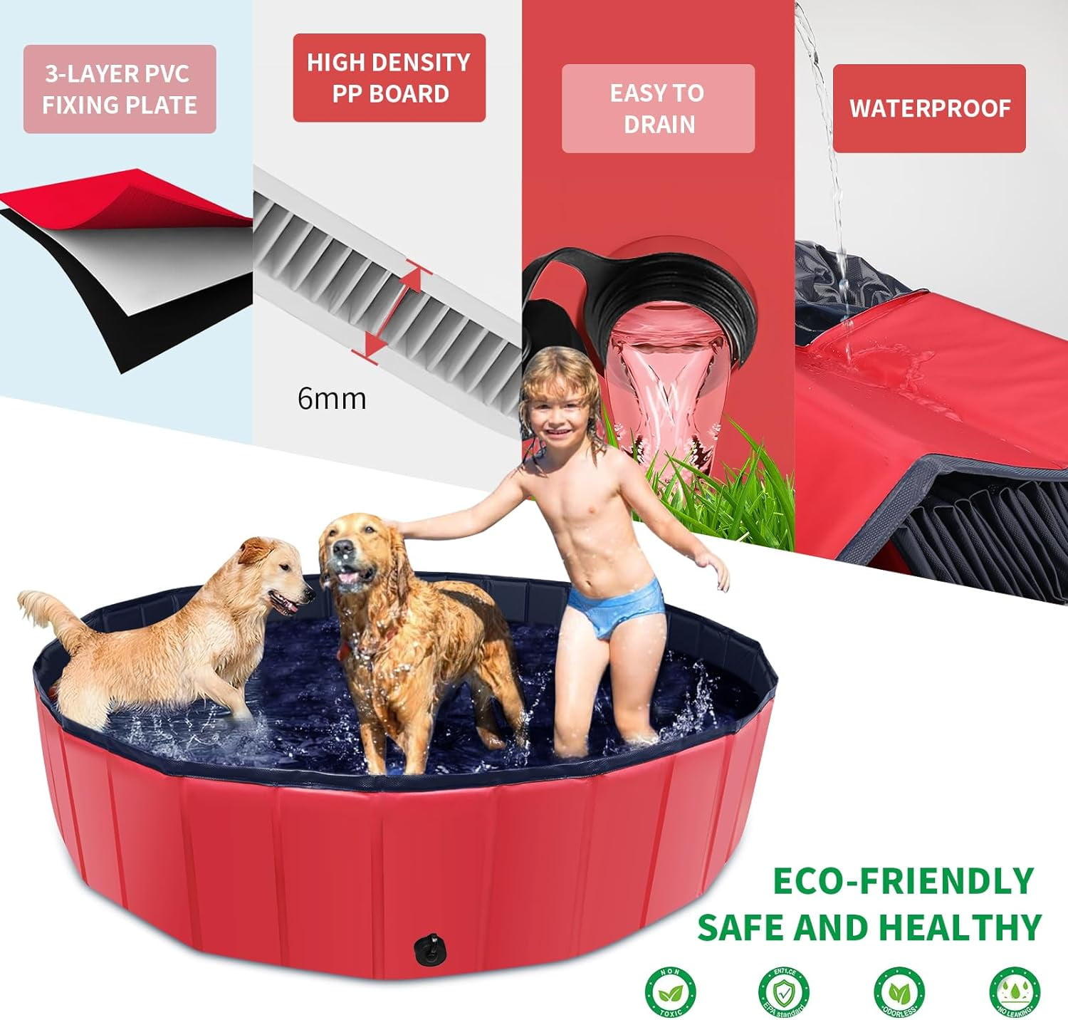 63" x 12" Foldable Dog Pool - Collapsible Hard Plastic Kiddie Pool for Dogs & Kids, Non-Slip Pet Bath Tub for Outdoor Backyard Use, Lightweight & Portable (Blue)