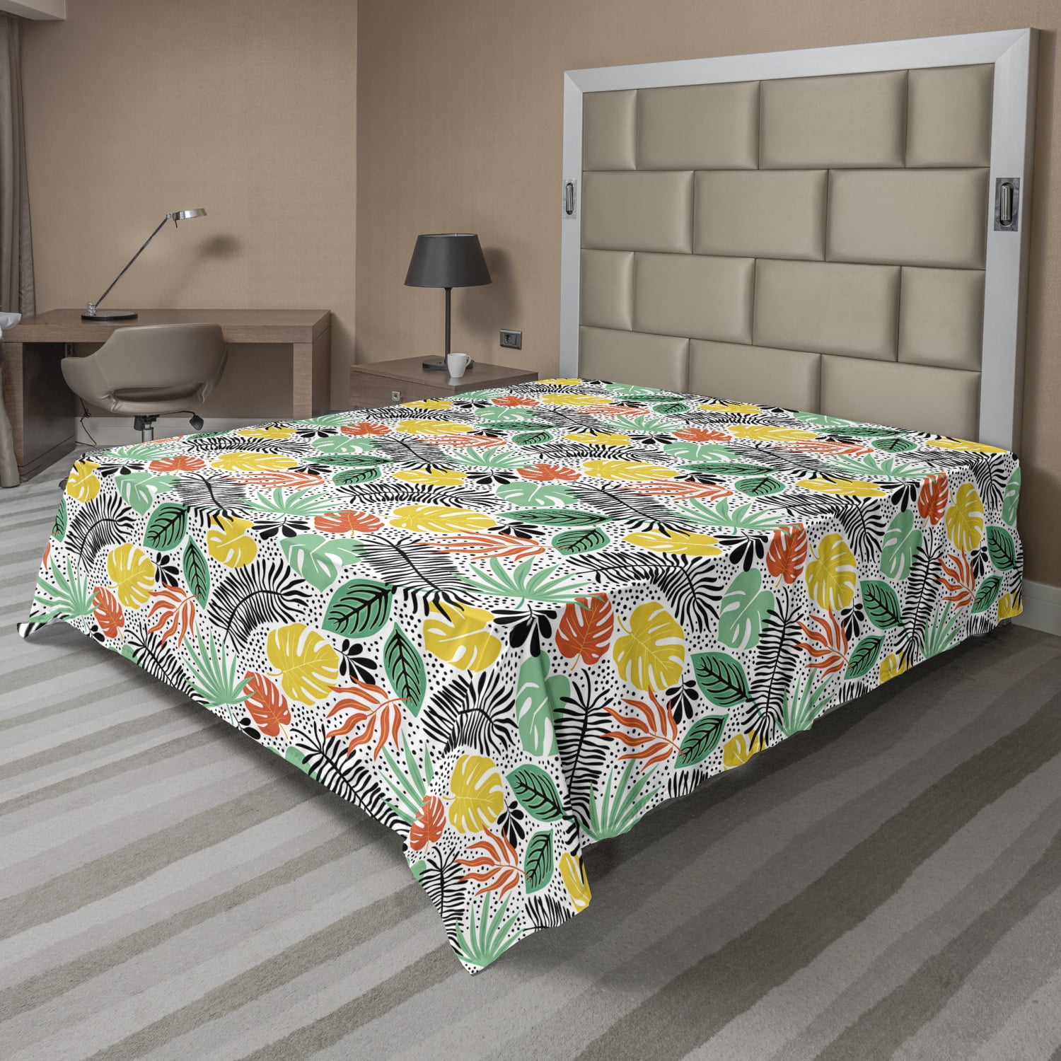 Tropical Flat Sheet, Monstera Leaves with Tropical Botanical Elements ...