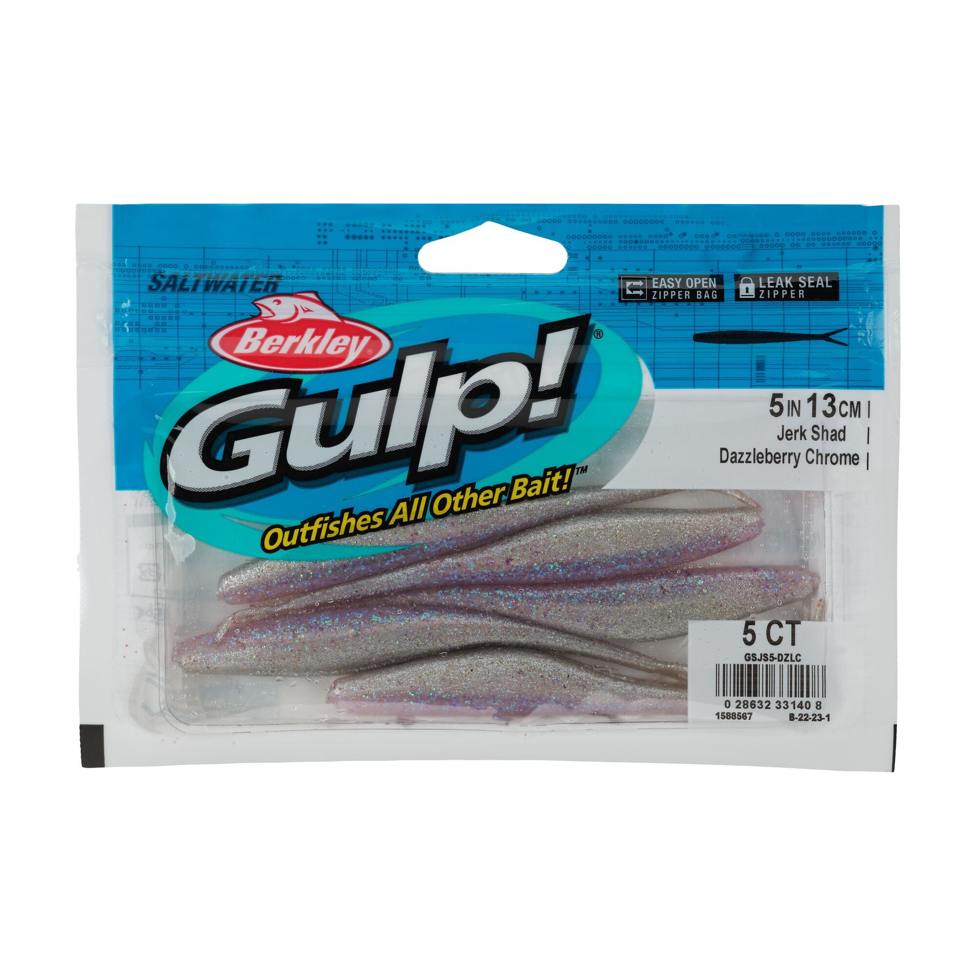 Berkley Gulp!® Saltwater Jerk Shad, 5 in, Jerkbaits, Dazzleberry Chrome (5 Count)