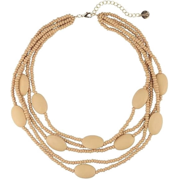 Coiris Bead Necklace for Women 5 Layers Strand Wooden Choker Necklaces for Women Chunky Statement Ethnic Bead Layered Bib Collar Necklace Hip Hop Jewelry (N0019-Beige)