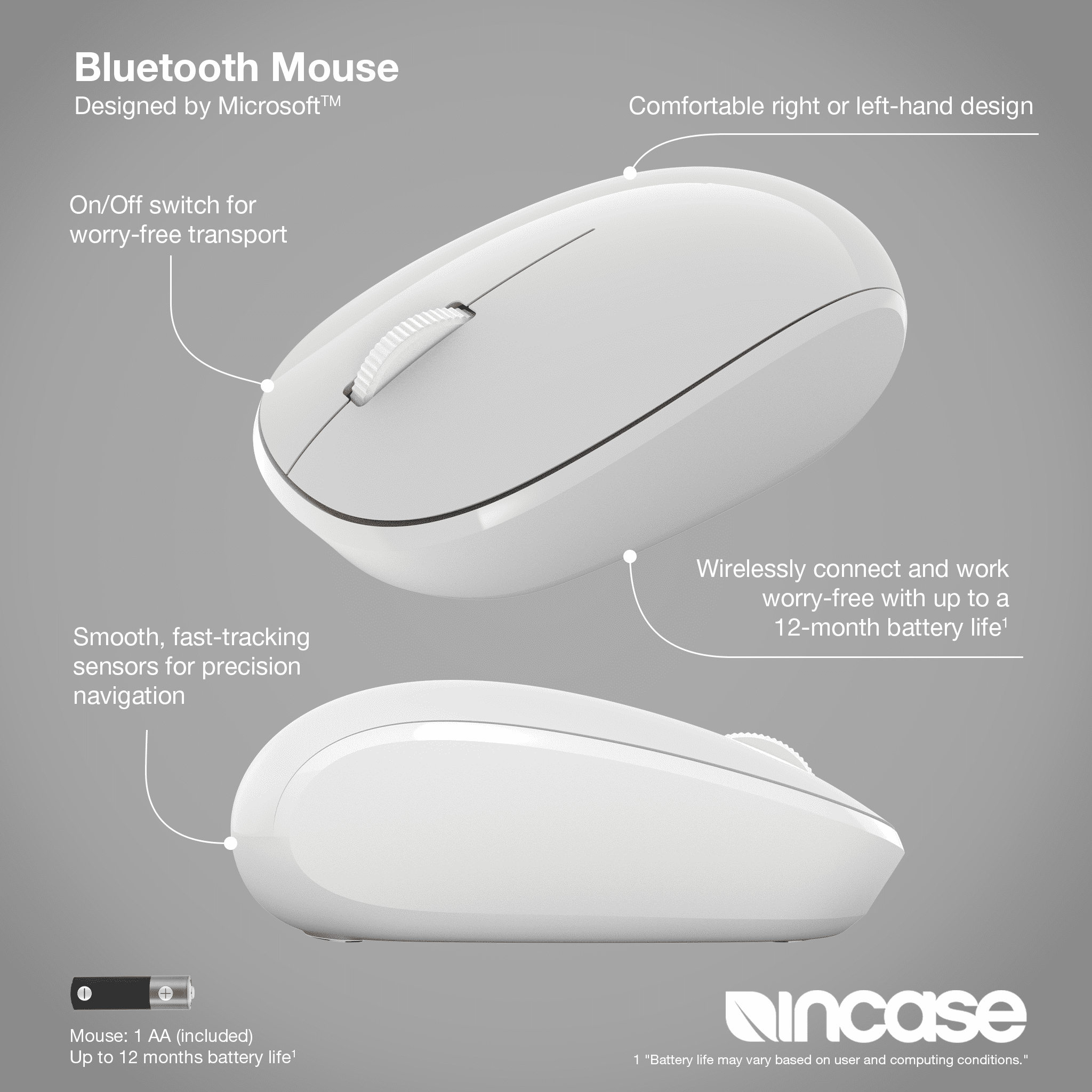 Incase Bluetooth Mouse - Designed by Microsoft - Compact, Comfortable, Right/Left Hand Use, 4-Way Scroll Wheel, Wireless Bluetooth Mouse for PC/Laptop/Desktop, Mac/Windows Computer - Glacier