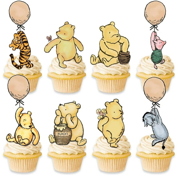24Pcs Winnie Pooh Cupcake Toppers for Baby Shower Decorations Classic Cake Cupcake Decorations Baby Shower Birthday Decorations
